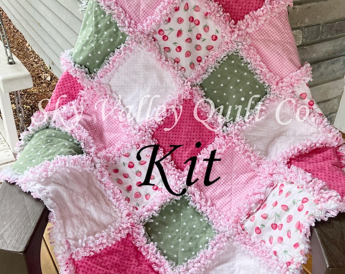 Pre Cut Rag Quilt KIT - Strawberries in Pinks and Sage Green, 3 Layers ...