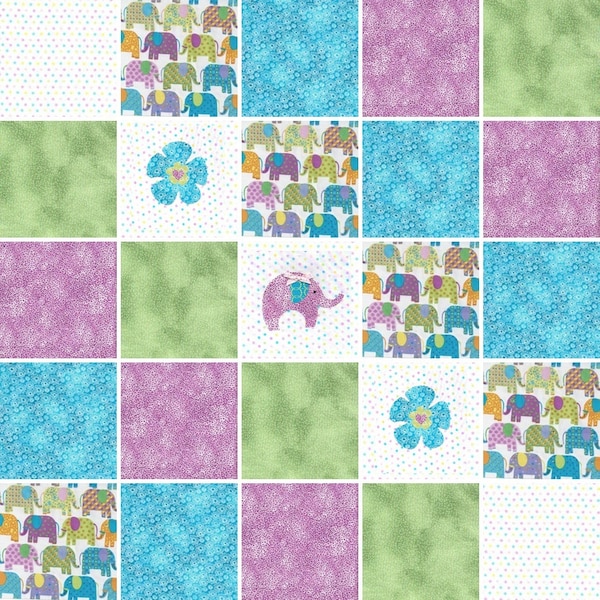 Pre Cut baby girl Rag Quilt KIT -  bright lilac and teal/turquoise green  Elephant parade, shower gift, nursery design