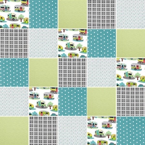 KIT de colcha de trapo precortada ~ Remolques para acampar RV, verde azulado, cuadros grises y lunares verde lima