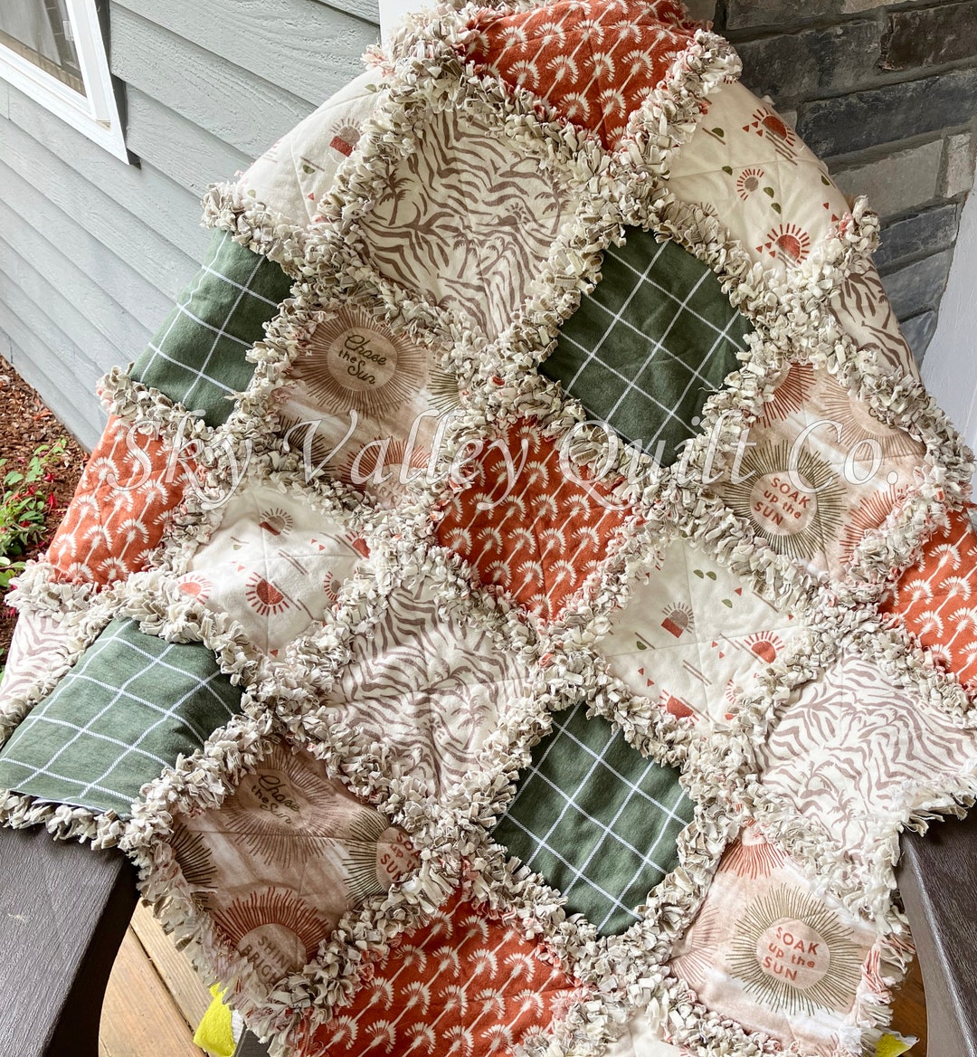 Pre Cut Rag Quilt KIT Summer Oasis, Rust, White, Green and Beige