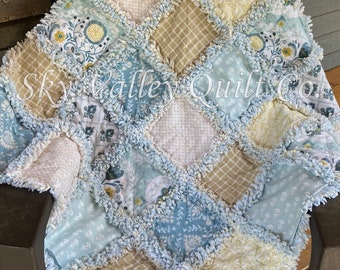 Precut rag quilt KIT ~ seaside cottage florals  blues, greens, tans and gold