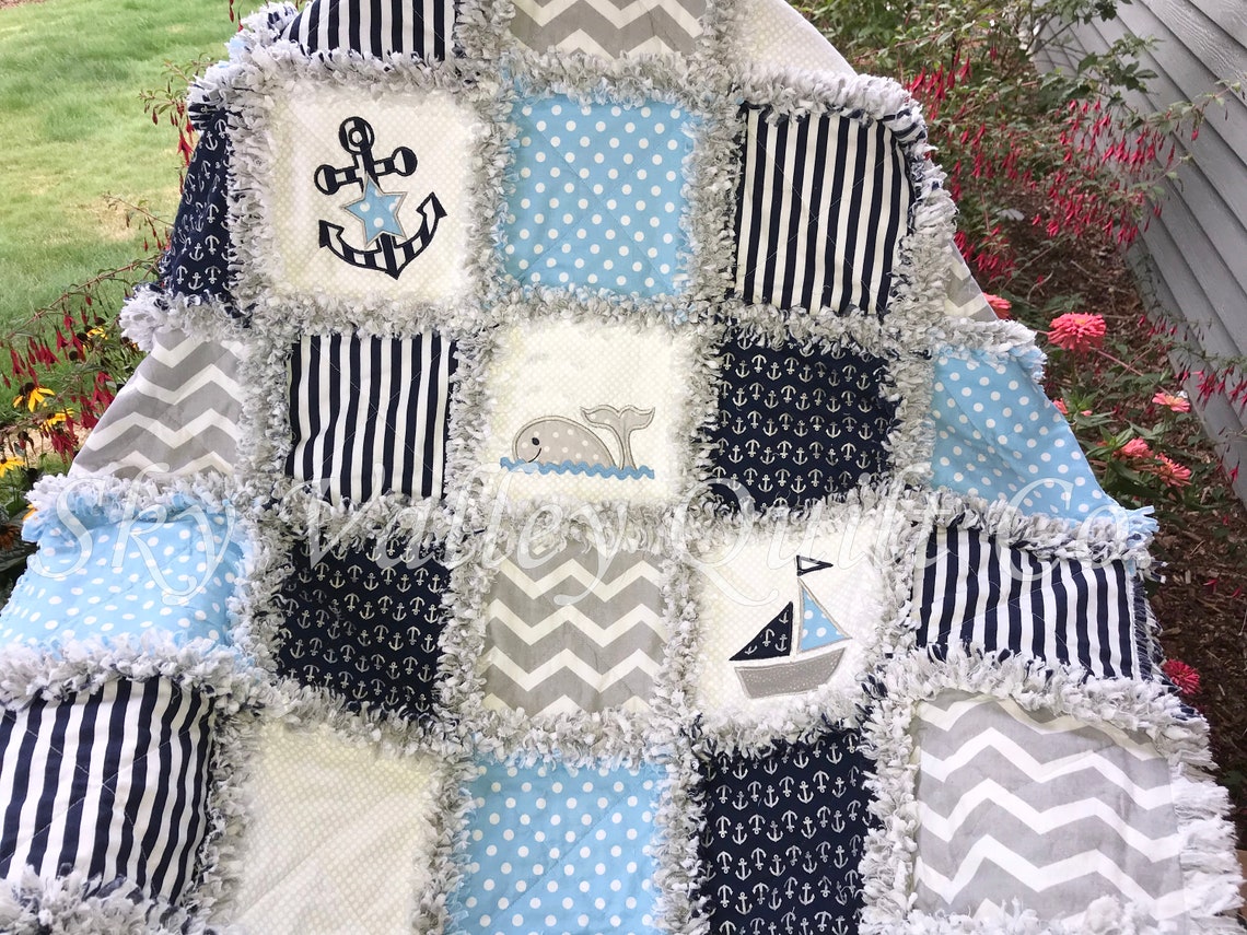 Pre CUT Nautical Rag Quilt KIT blue and gray nautical Etsy