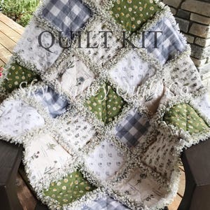 Pre Cut Rag Quilt KIT - Isabel's Garden~ daisy and floral, green, cream, gray gingham and white, farmhouse