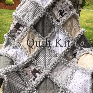 Pre CUT Rag Quilt KIT ~ Farm house chic neutral pallet, cream and gray, chickens cows, goats