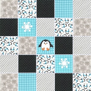 Pre CUT Rag Quilt kit ~ Winter Penguin and snowflakes