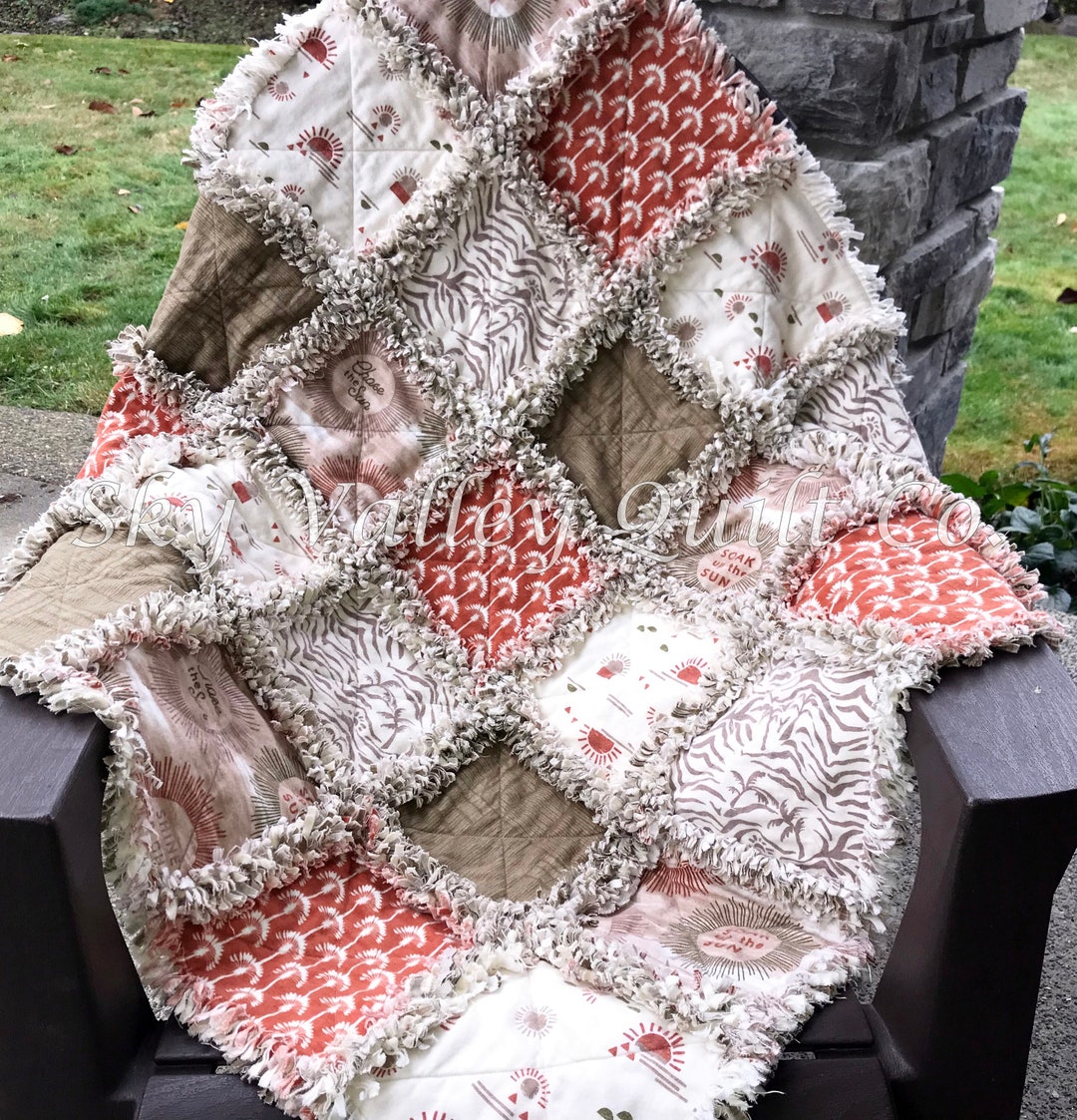 Pre Cut Rag Quilt KIT - Summer Oasis, Rust, White, Green and Beige ...