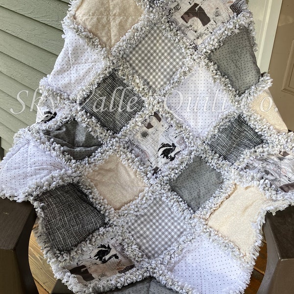 Pre CUT Rag Quilt KIT ~ Farm house chic neutral pallet, cream and gray, chickens cows, goats