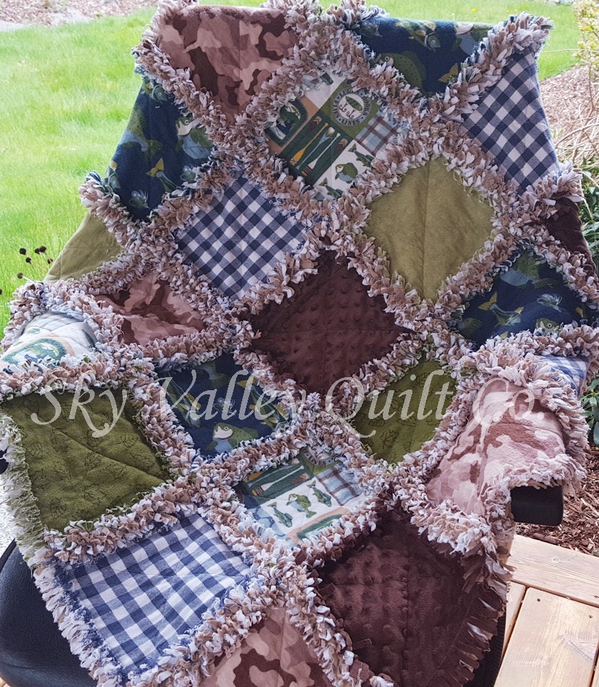 Pre Cut Rag quilt KIT Gone Fishing in Brown Camo Navy and Etsy