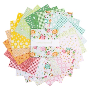 May include: A collection of colorful fabric squares arranged in a circular pattern. The squares feature floral, gingham, and polka dot patterns in shades of yellow, green, pink, and red. The center square has the text "Summer Skies and Fireflies".