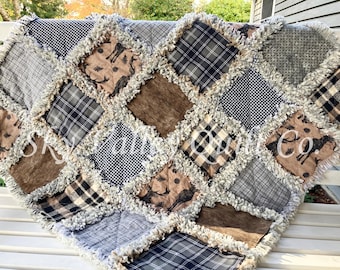 Pre Cut Rag Quilt KIT -  plaids, deer, stag, brown, tan, gray and black flannel