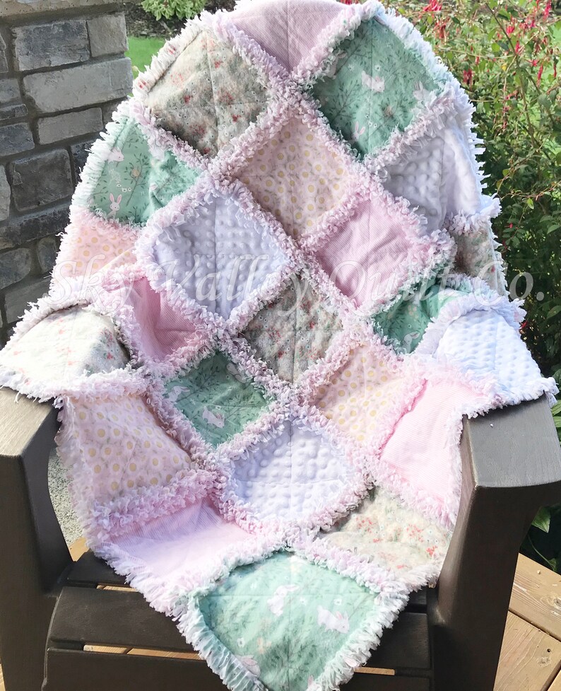 Pre Cut Rag Quilt KIT Pink and green minky dot bunny Etsy