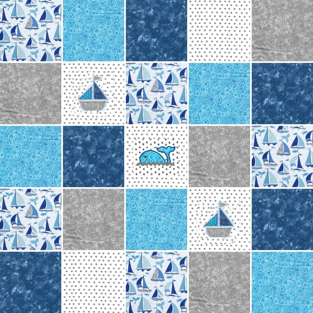 Pre CUT Rag Quilt KIT Whales and Sailboats Turquoise Blue and Gray