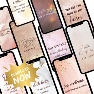 May include: Several smartphones showing motivational quotes and phrases in different fonts and colours. The screens have abstract backgrounds with gold accents and marble textures. A gold burst graphic says "DOWNLOAD NOW".
