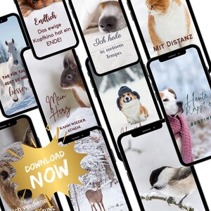 May include: A collection of smartphones displaying images of animals, including a dog, cat, squirrel, and deer, with inspirational text overlays. The phrase "DOWNLOAD NOW" is featured on a gold burst graphic. The phones are arranged against a white background.