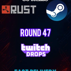 May include: Dark background with text and logos for online gaming. Includes the text "86 ITEMS", the "RUST" logo, the Steam logo, "ROUND 47", the Twitch Drops logo, and "FAST DELIVERY". Red and blue accents.