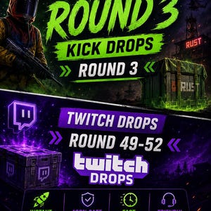 May include: A promotional graphic for Rust Twitch Drops Round 3 and Rounds 49-52. The image features a character in a hazmat suit, a green supply crate, and a purple Twitch-branded crate. Text includes Rust, Round 3, Kick Drops, and Twitch Drops.