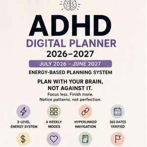 Może przedstawiać: Cyfrowy planer na lata 2026-2027 zatytułowany ADHD DIGITAL PLANNER. Zawiera system planowania oparty na energii z tekstem: PLAN WITH YOUR BRAIN, NOT AGAINST IT. Ikony przedstawiają funkcje, takie jak 3-poziomowy system energii, 4 tryby tygodniowe, nawigacja z hiperłączami, 365 zweryfikowanych dat, narzędzia finansowe, śledzenie samopoczucia, notatki, szablony oraz opcje rozpoczęcia tygodnia w poniedziałek lub niedzielę.