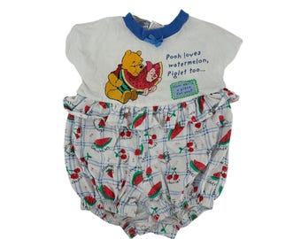 Vintage 90s Disney Winnie the Pooh Romper Baby Girl 12M fruit print ruffle