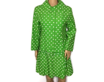 vintage 1960s polka dot belted coat Debutogs New York dress coat 60s lime green