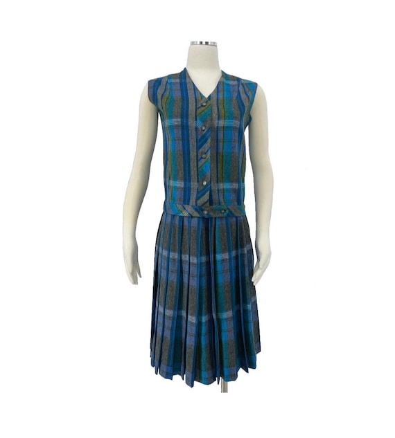 vintage 1950s plaid skirt women’s vest suit matching set outfit wool blend