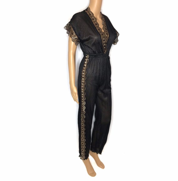 vintage 80s lingerie jumpsuit sheer black gold pe… - image 7