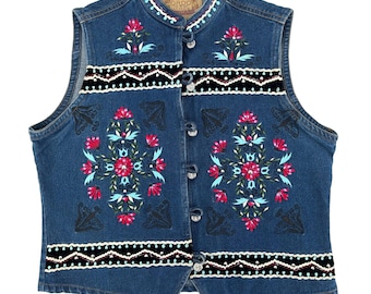 Chaleco vaquero estilo western bordado Gordon James para mujer, talla XL, estampado floral bohemio vintage