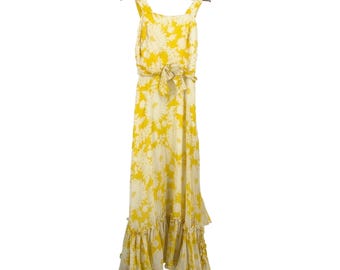 Vestido largo vintage amarillo con volantes y estampado floral de los años 60, tal cual está.