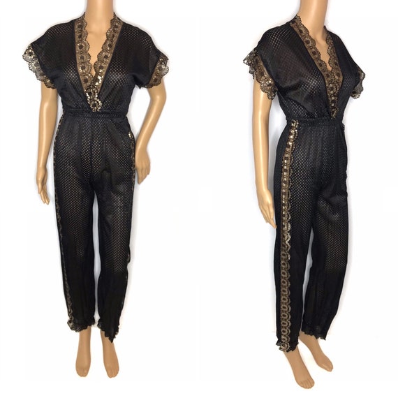 vintage 80s lingerie jumpsuit sheer black gold pe… - image 5