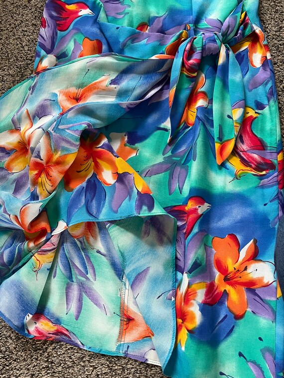vintage 80s faux wrap dress tropical bird print m… - image 6