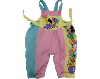 Vintage 80s Disney Overalls Baby Girl Mickey Minnie Mouse Pastel Colorblock