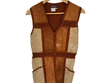 Vintage 70s Patchwork Suede Vest Womens Medium Crochet Knit Hippie Boho