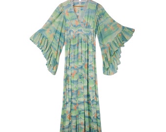 vintage 1970s novelty print bird maxi dress angel sleeves