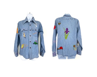 vintage 1970s embroidered button up shirt 70s novelty kitsch