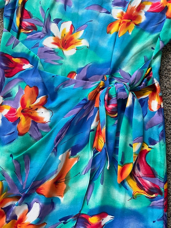 vintage 80s faux wrap dress tropical bird print m… - image 5
