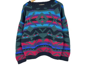 Suéter de lana vintage LL Bean para mujer, talla XL, años 80 y 90, estilo geométrico, estilo suroeste, tejido grueso.