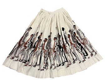 Vintage 1950s Novelty Print Skirt Pleated Jazz Figures Art Deco Style