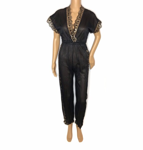 vintage 80s lingerie jumpsuit sheer black gold pe… - image 8