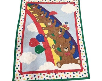 Vintage Baby Quilt Blanket Teddy Bear Rainbow Heart Print 80s 90s