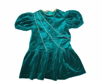vintage girls velvet dress emerald green 1980s