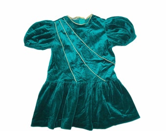 vintage 80s girls dress emerald green velvet 1980s