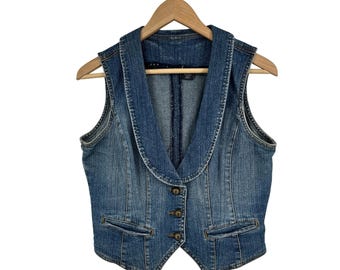 Vintage Y2K Denim Vest Womens Medium Shawl Collar Button Front