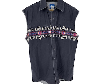 Camisa vaquera vintage Wrangler para hombre, talla grande, negra, estilo suroeste, sin mangas.