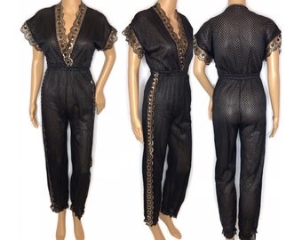 vintage 80s lingerie jumpsuit sheer black gold perforated 1980s one piece outfit short sleeve V-neck