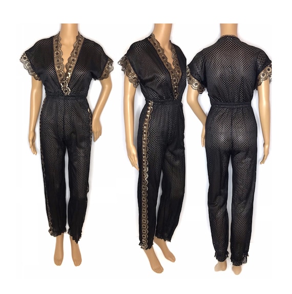 vintage 80s lingerie jumpsuit sheer black gold pe… - image 1
