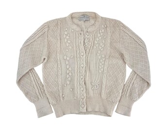 Cárdigan de punto trenzado floral de alpaca Vintage Peruvian Connection, talla XL