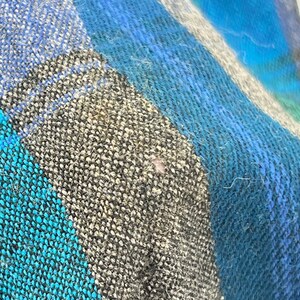 May include: Close-up of a woven fabric with a plaid pattern. The design features a combination of blue, teal, gray, and white hues. The texture of the fabric appears soft and slightly fuzzy, with visible threads.