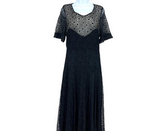 Vestido vintage de los años 30, negro, de encaje floral, manga corta, superposición transparente, tal cual.