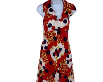Vintage 1960s 1970s Halter Mini Dress Mod Floral Print Retro