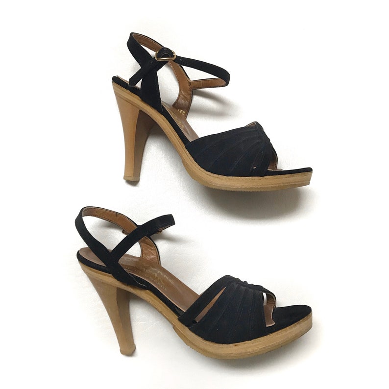 Vintage 1970s black sandals ankle strap heels Woodworks Thom | Etsy