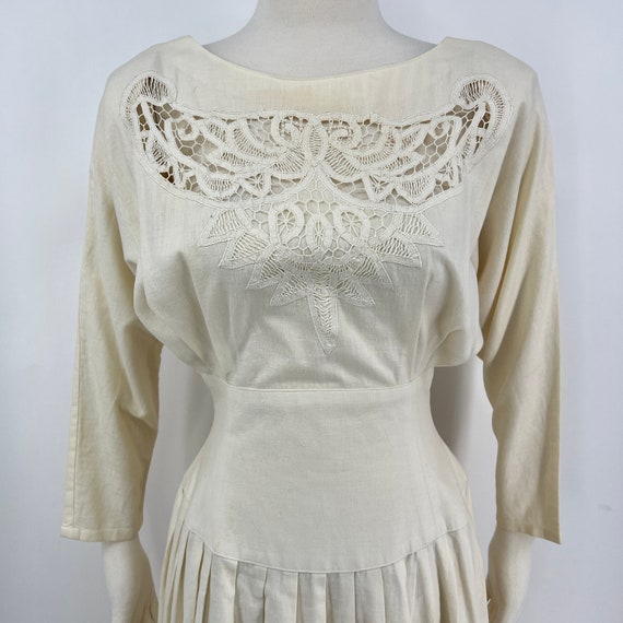 vintage ivory linen cotton dress crochet lace - image 4